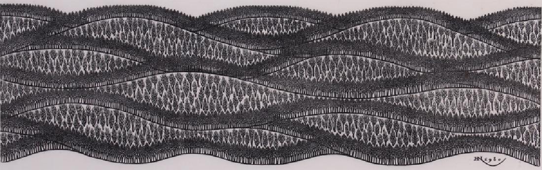 Jacques Hnizdovshy (1915-1985) Ukrainian/ American: HOPBACK MOUNTAINS, 1980, woodcut print, signed in pencil, numbered 5/150 image 7 ¼ x 24 ½”, full margins, frame 16 ¼ x 31 ¼” with glass. Proceeds to benefit the San Diego Zoo.