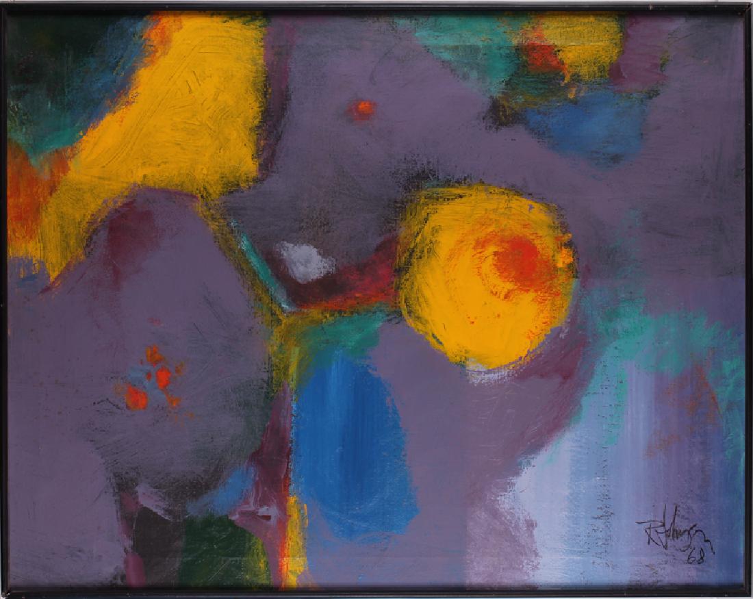 R. H. Johnson (20th Century) American: UNTITLED BLUE, 1968, oil painting on canvas, signed and dated lower right, 28 x 36” frame 29 ½ x 37 ½”. From the collection of designer Dean Reynolds.