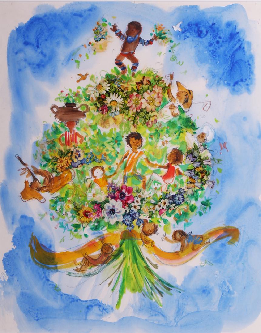 Ezra Jack Keats (1916-1983) New York: CHILDREN AND FLOWERS, watercolor and acrylic and collage on paper, a signature not found, sight 18 ½ x 14 ¾”, frame 24 x 20 ½”.