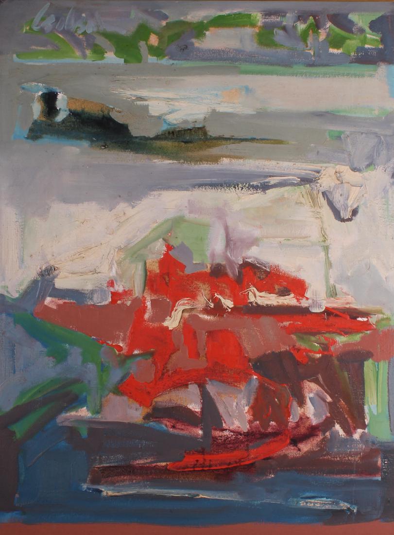 Parker Lee aka Leonard Leibsohn (1924-1995) Californian: UNTITLED RED, impasto oil painting on canvas, signed upper left, 40 x 30”. From the collection of designer Dean Reynolds.