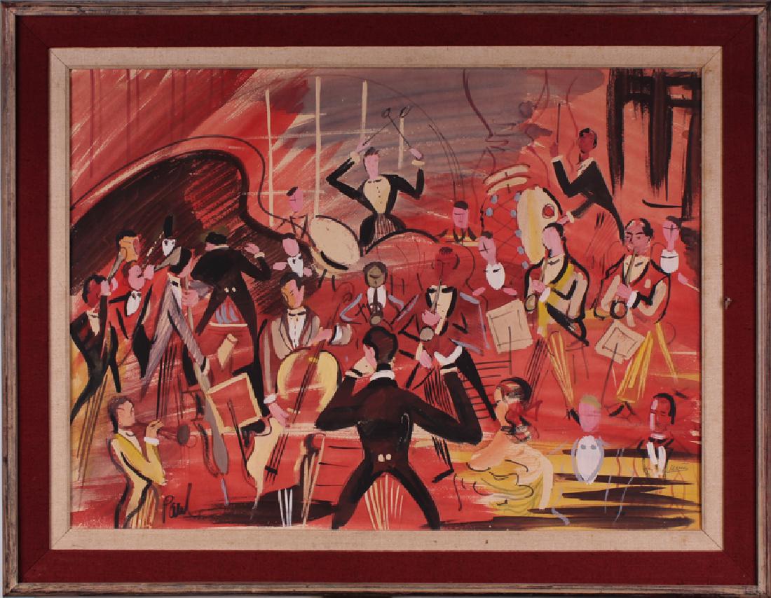 Maurice Verrier aka Charles Levier (1920-2003) French/: ORCHESTRA, tempera painting on card, signed Verrier lower right and Paul lower left, 22 x 30”, frame 28 x 36”. From the collection of designer Dean Reynolds.