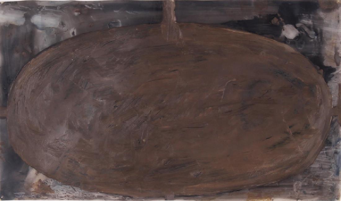 John Millei (b. 1958) Californian: UNTITLED DRAWING #124, 1987, oil painting on synthetic vellum, signed and dated lower right, 7 x 12”, frame 14 ¼ x 9 ¼” with glass. Provenance: Mark Richard Gallery, Los Angeles; from the collec