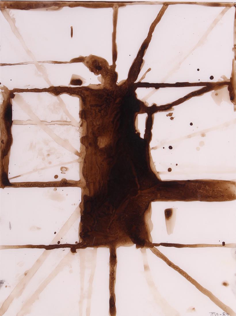 John Millei (b. 1958) Californian: UNTITLED DRAWING #157, 1987, oil painting on synthetic vellum, signed and dated lower right, 12 x 9”, frame 19 ½ x 16 ½” with glass. Provenance: Mark Richard Gallery, Los Angeles; from the colle