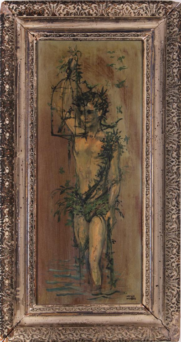 John Morris (1920-1991) Laguna Beach: YOUNG MAN WITH LAUREL WREATH AND BIRD CAGE, oil painting on Masonite, signed lower right, 24 ½ x 10”, kitsch frame 31 x 16” with separation cracks in corners. From the collection of designer Dean