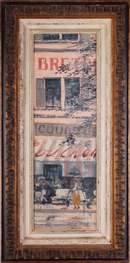 John Morris (1920-1991) Laguna Beach: FRENCH CAFE, oil painting on canvas board, signed lower right, 24 x 7 ¾”, discardable frame 31 ½ x 15 ½”. From the collection of designer Dean Reynolds.