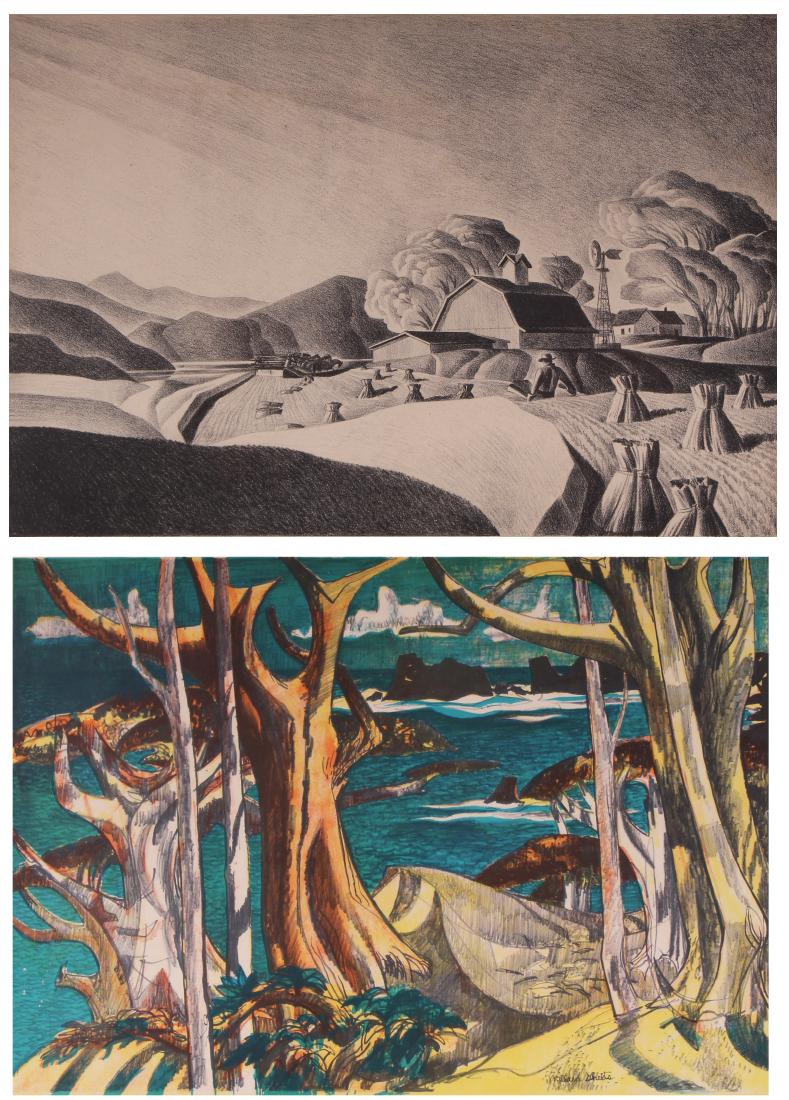 Dale Nichols (1904-1995); Millard Sheets (1907-1989): Dale Nichols THE GOLDEN HARVEST, 1948, lithograph, signed and dated in pencil lower right in pencil, image 8 x 11 ½”, full margins, discardable frame 17 x 21” with glass; Millard Sheets THE SEA,