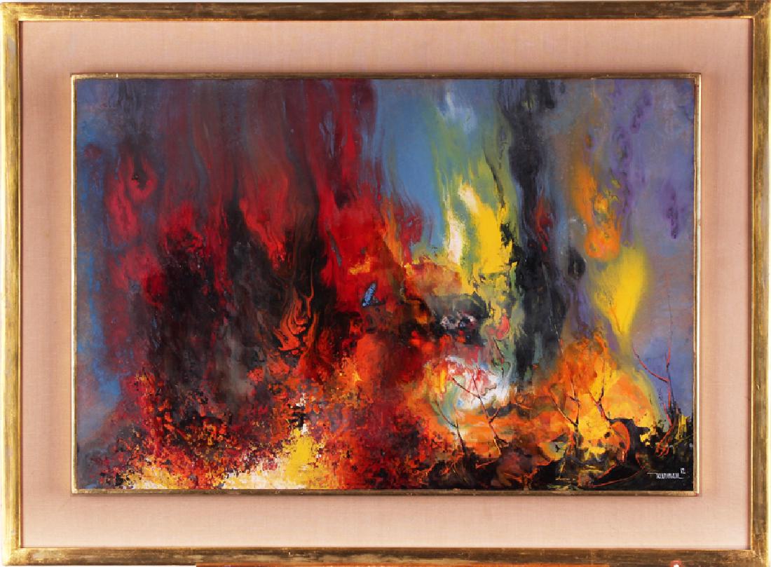 Leonardo Nierman (b. 1932) Mexican: UNTITLED, 1962, oil painting on Masonite, signed and dated lower right, 15 ¾ x 23 ¾”, frame 22 x 29 ¾”.