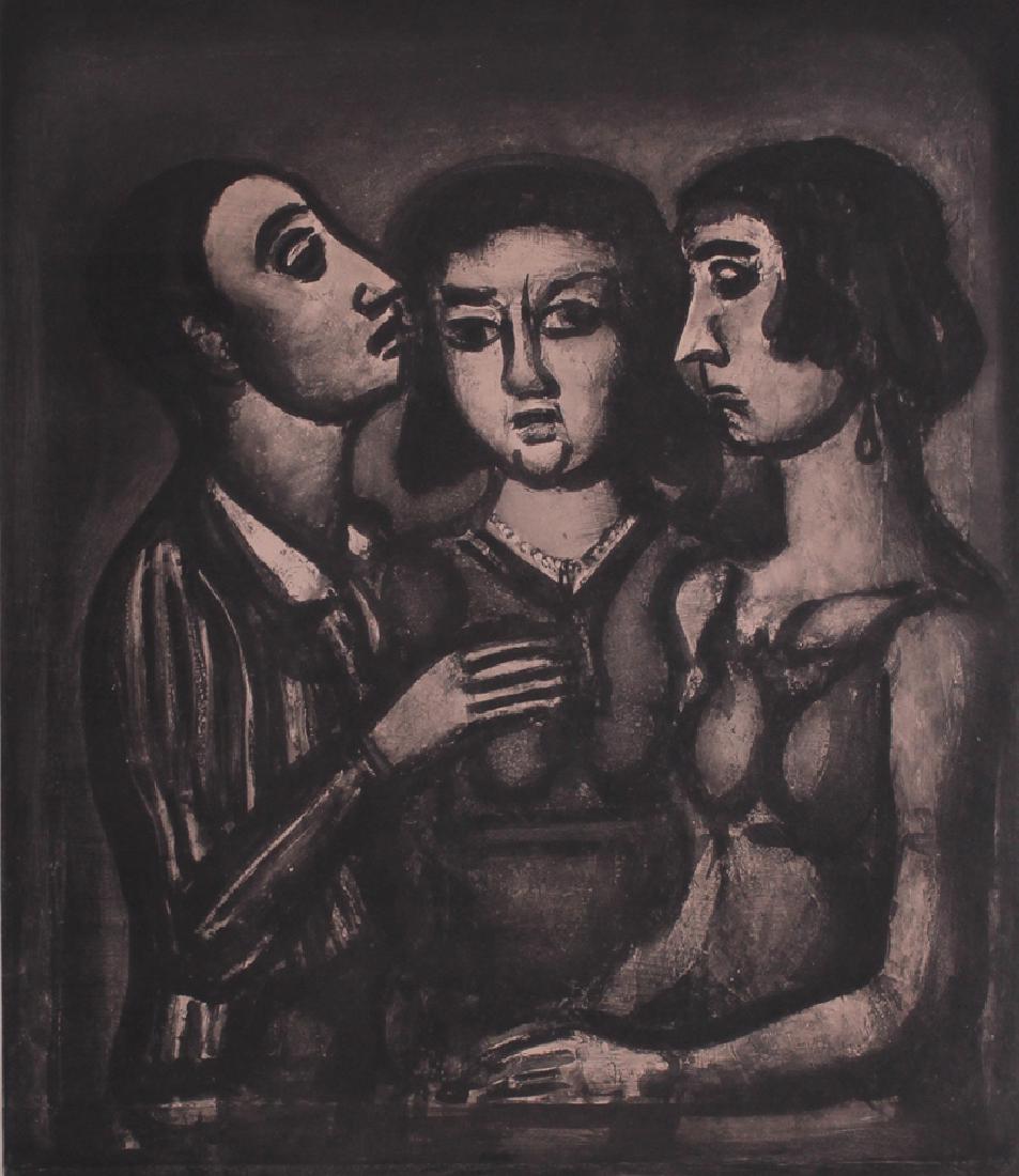 Georges Rouault (1871-1958) French: AUGURES from the Miserere Series (CR.94b), 1923, aquatint, plate 20 x 17”, full margins, frame 28 ½ x 25 ½” with glass.