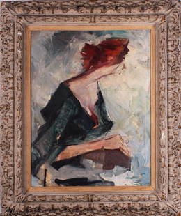 Paul Sarkisian (b.1928) American: SIDE VIEW OF WOMAN, 1953, oil painting on canvas, signed and dated lower right, 31 x 25”, heavy composition frame 43 x 36” with some losses. From the collection of designer Dean Reynolds.