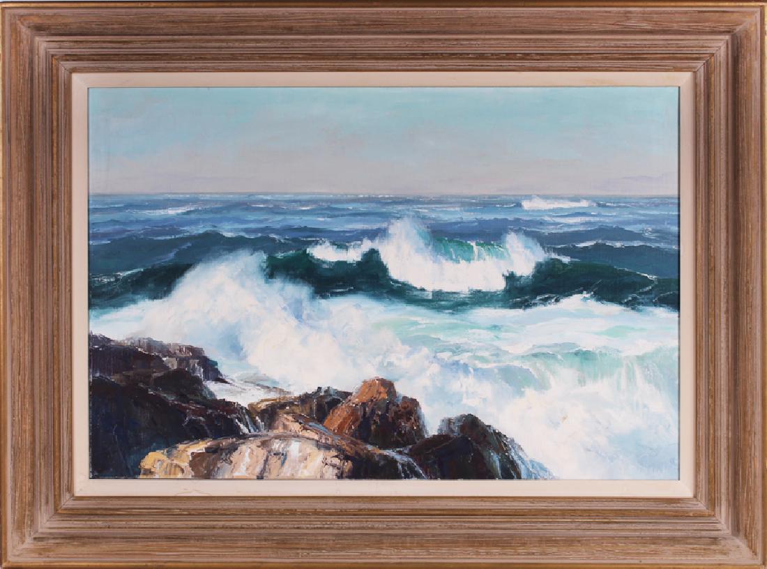 Bennett Bradbury (1914-1991) Californian: MORNING TIDE, oil painting on canvas, signed lower right, signed and titled and copyright stamped on verso, 20 x 30”, frame 28 x 38”.