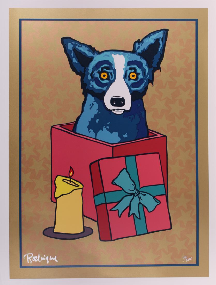 George Rodrique (1949-2013) American: BLUE DOG GIFT, color screenprint, signed and numbered 44/350 in silver marker, image 28 ½ x 21”, sheet 30 ½ x 23 ¼”.