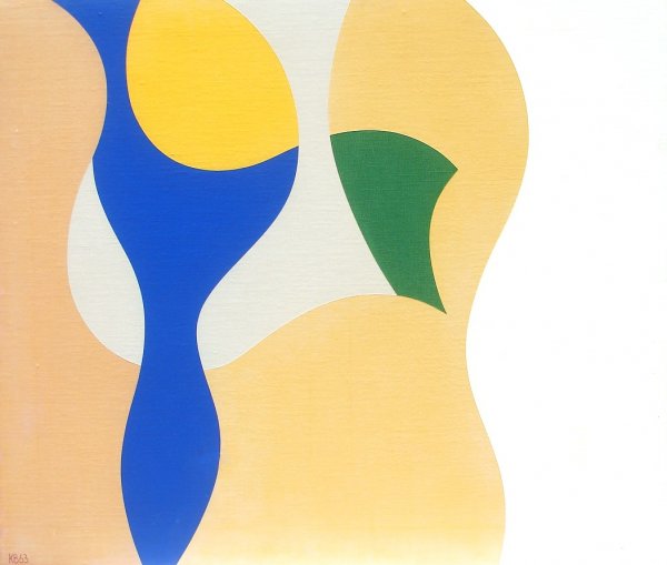 Karl Benjamin (b. 1925) Californian: UNTITLED FORMS, 1962, oil painting on canvas, 36 x 42", signed and dated lower right, professional restoration and relining by Fine Art Conservation Laboratory, Santa Barbara (label verso).