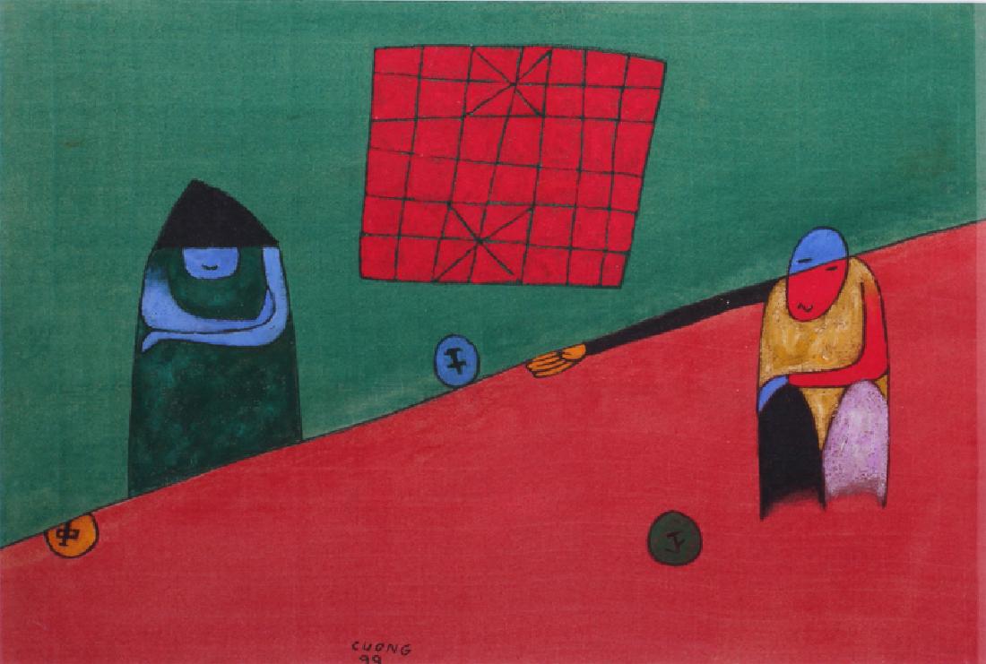 Le Thiet Cuong (b. 1962) Vietnamese: THE GAME, 1999, pigment painting on fabric, signed and dated lower center left, sight 18 ¾ x 28”, frame 27 ½ x 37” with glass.