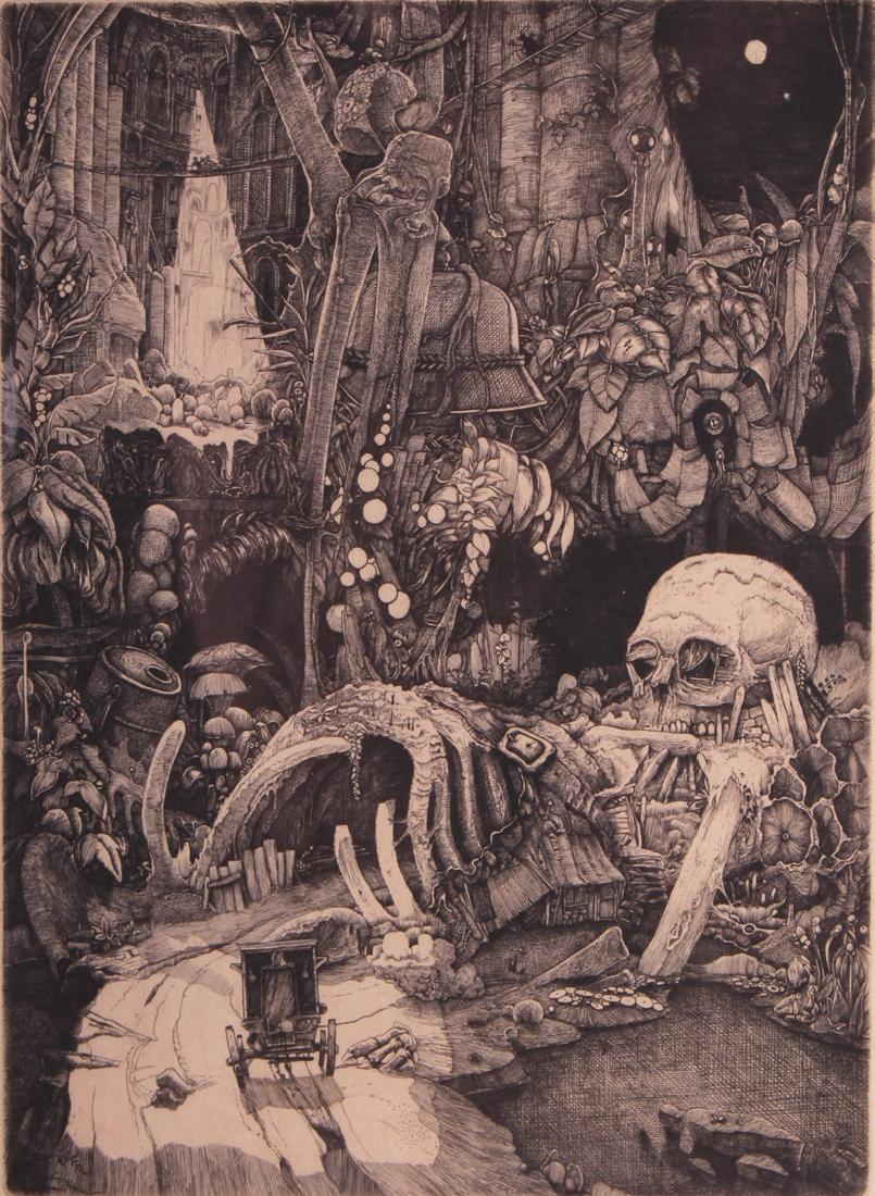 Philippe Mohlitz (b. 1941) French: PLANCHE OU JE ME SUIS PERDU, 1972, etching, signed in pencil and inscribed EA (Epreuve d’artiste, artist’s proof in French), from the edition of 60, plate 7 ¾ x 5 ¾”, full margins, frame 17 ½