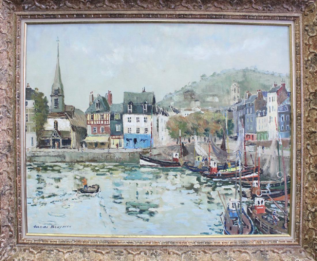 Jacques Bouyssou (1927-1997) French: HONFLEUR CREVETTIER DANS LE BASSIN, oil painting on canvas, signed lower left, 29 x 36 ½”, frame 36 x 43 ½”. From the private collection of Academy Award winning producer Arnold Kopelson of Beve