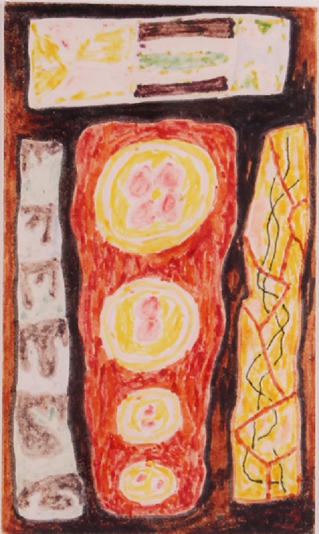 William Brice (1921-2008) California: UNTITLED, 1998, color ink drawing on paper, a signature not found possibly on verso, 5 x 3”, frame 13 x 11”. Provenance: LA Louvre Gallery, Venice, CA.