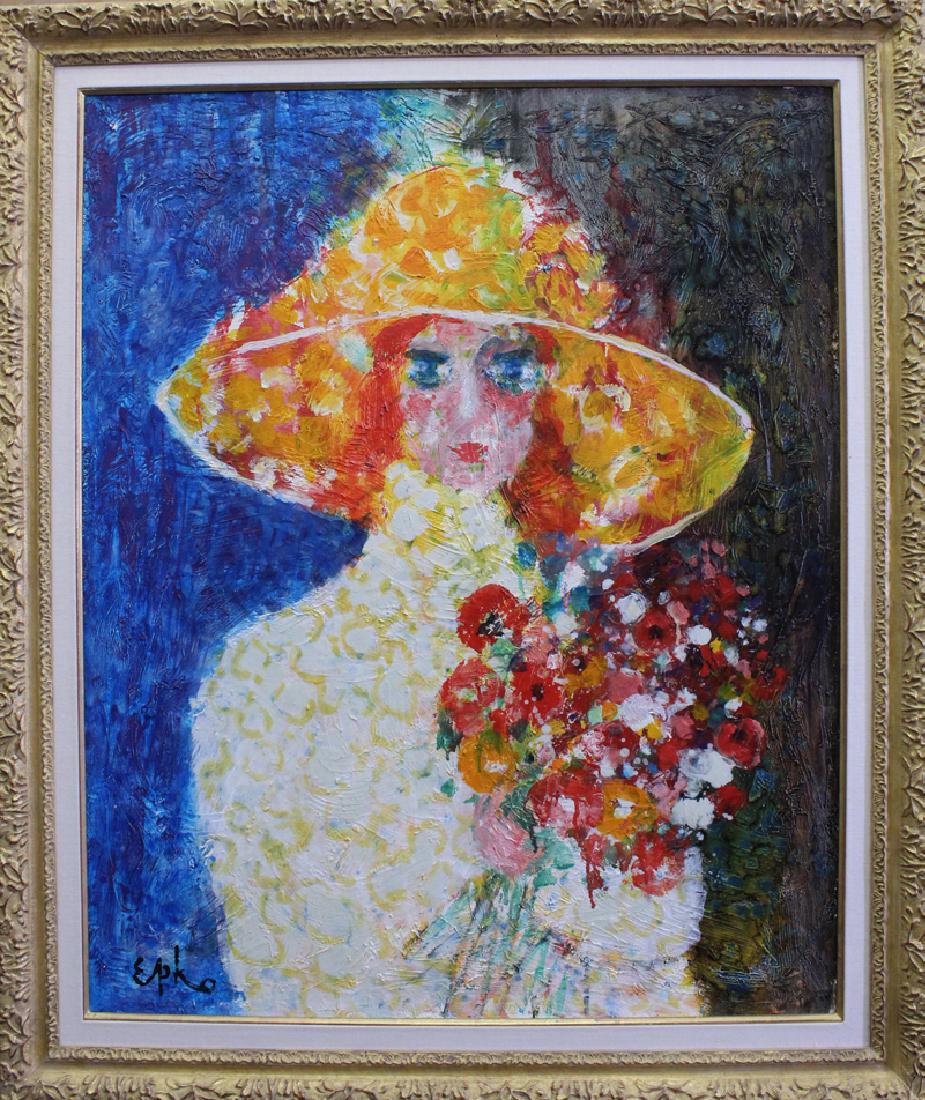 Willering Epko (b. 1928) French: GIRL WITH HAT AND FLOWERS, oil painting on canvas, signed lower left, 39 ½ x 32”, frame 47 x 39 ½”. From the private collection of Academy Award winning producer Arnold Kopelson of Beverly Hills