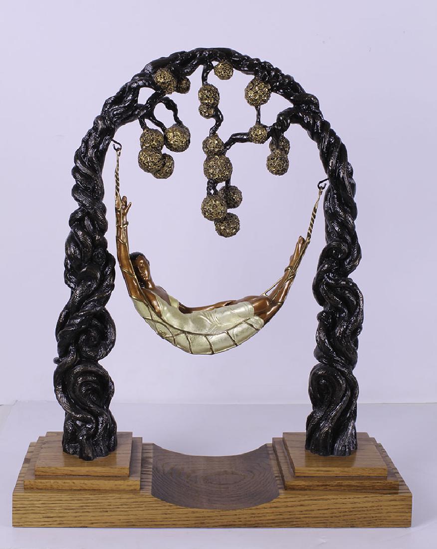 Erte (1892-1990) Russian/ French: SPIDER WEB (E.121), 1989, cold-painted cast bronze sculpture with removable swinging hammock, signed, numbered 344/375, published by Chalk & Vermilion and Seven Arts, overall 22 ½ x 19 x 7”.