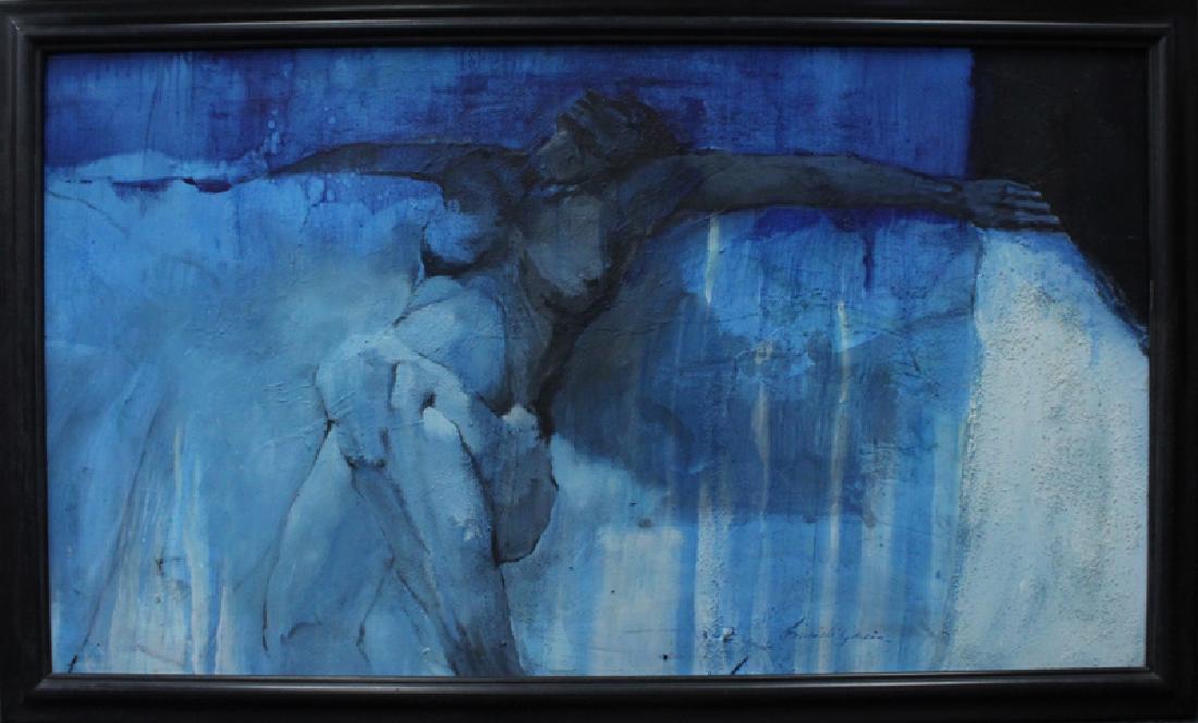 Ernesto Garcia Pena (b. 1949) Cuban: RECLINING NUDE, acrylic painting on Masonite, signed lower right, 30 x 53”, frame 34 ¾ x 57 ½”. From the private collection of Academy Award winning producer Arnold Kopelson of Beverly Hills.