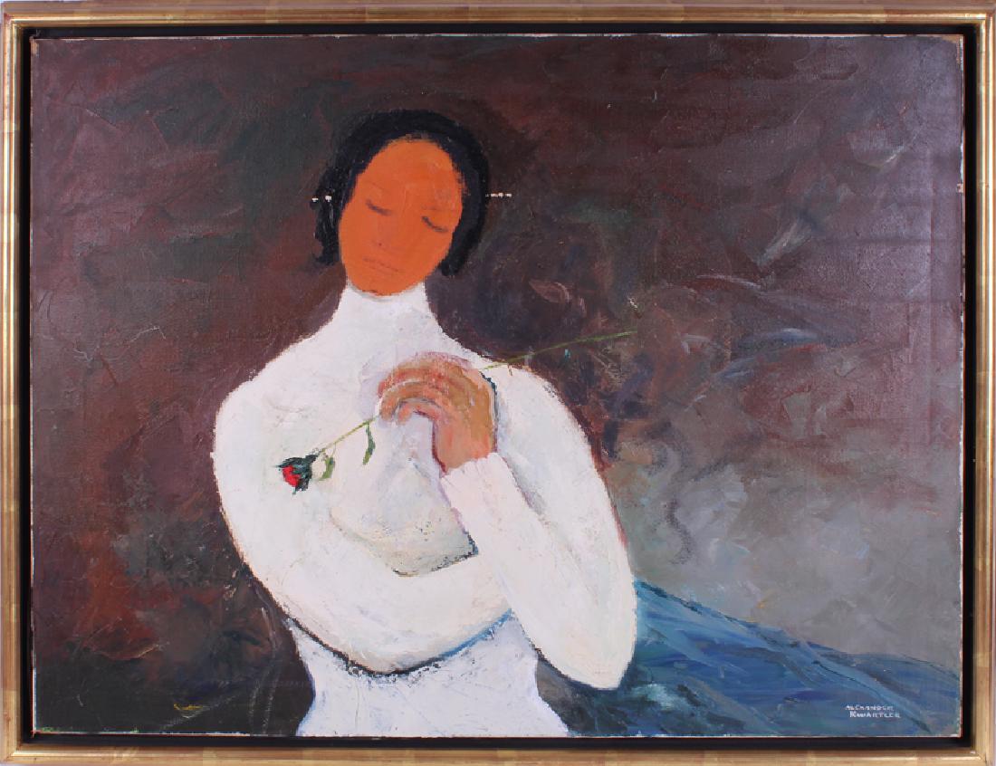 Alexander Kwartler (b. 1924) New York/ Canada: GIRL IN WHITE WITH ROSE, oil painting on canvas, signed lower right, 22 x 28”, frame 24 ¾ x 30 ¾”. From the private collection of Academy Award winning producer Arnold Kopelson of Beverly Hills.