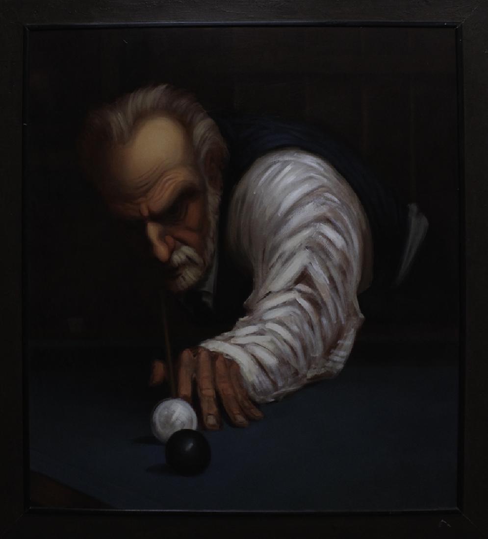 Richard Lithgow (b. 1963) California: BILLARD EIGHT BALL SHOT, oil painting on panel, signed lower right, 53 ¼ x 48 ¼”, frame 60 ¾ x 55 ¼”. From the private collection of Academy Award winning producer Arnold Kopelson of Beverly H