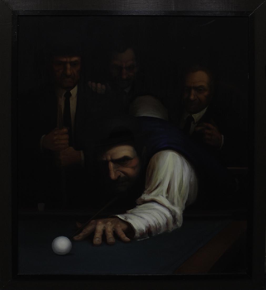 Richard Lithgow (b. 1963) California: FOUR MEN AT BILLARDS TABLE, oil painting on panel, signed lower right, 58 x 48”, frame 65 x 55 ¼”. From the private collection of Academy Award winning producer Arnold Kopelson of Beverly Hills.