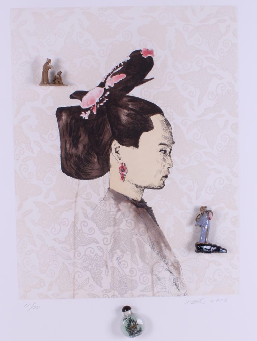 Hung Liu (b. 1948) Chinese/ American: PROFILE OF YOUNG WOMAN, 2003, color etching with glass and porcelain figurines attached, initialed and dated lower right, numbered 11/20, sheet 31 x 25”, frame 33 x 27 ¾ x 3”.