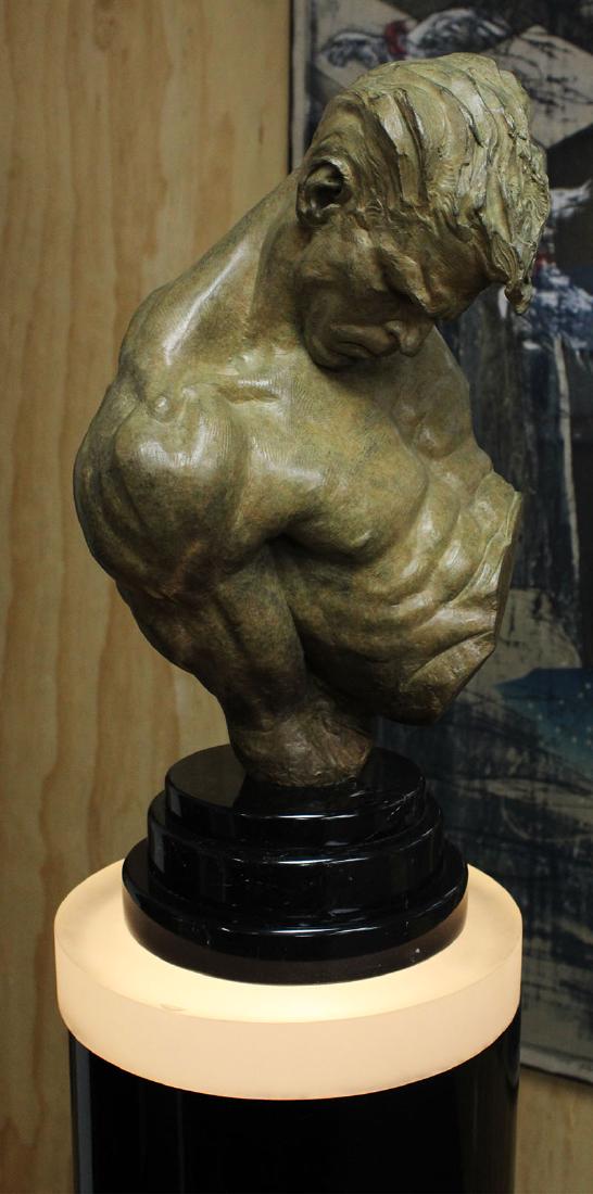 Richard MacDonald (b. 1946) California: GYMNAST, 1995, cast bronze sculpture with patina, signed and dated and numbered 20/40, height 18 ½” including black marble base, accompanied with a 42 ½” illuminated base, overall 61” tall.