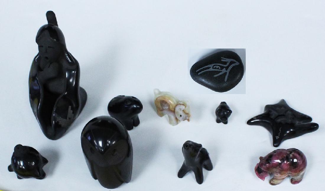 Native American Pottery: Santa Clara, San Ildefonso &: A collection of black-ware figurines and three carved stone figurines, artist’s include G. Gutierrez, Merton Sisneros, Alfred Aquilai, Mark Thomas, most signed underneath, sizes from 4” to ½” t