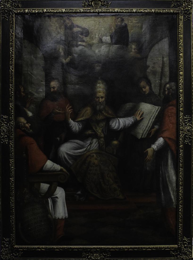 Old Master school or style: POPE INNOCENTIUS III, oil painting on canvas, inscriptions lower left, 68 x 47 ¾”, frame 77 x 57 ¾”. From the private collection of Academy Award winning producer Arnold Kopelson of Beverly Hill