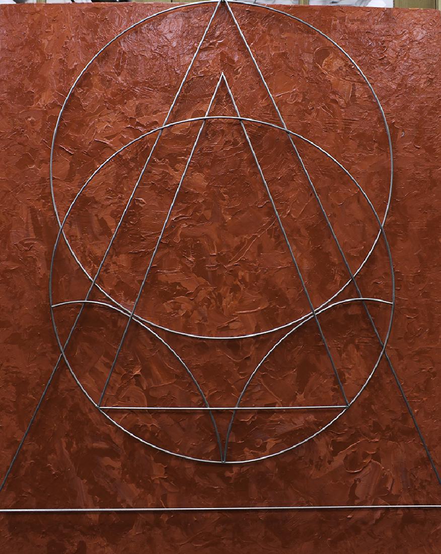 Ellie Riley (20th Century) California: TACTILE VISIONS, PASSION, 2005, acrylic painting on canvas with raised metal overlay, signed and dated and titled on verso, 60 ½ x 48 ½ x 3 ½”.