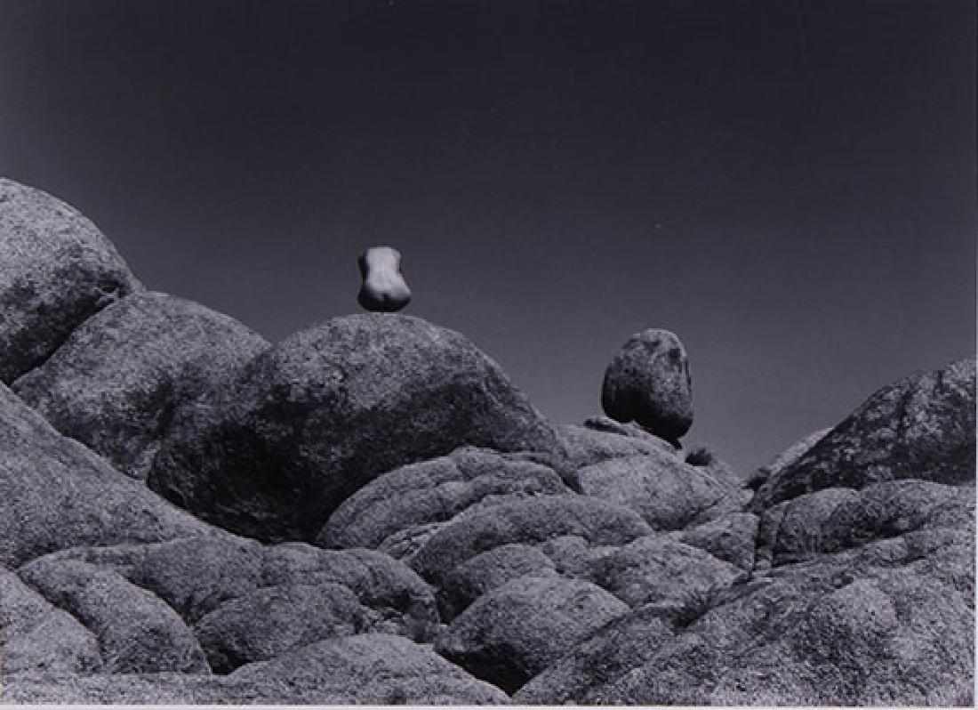Alan Ross (20th Century) Californian: NUDE & ROCKS, 1978, gelatin silver print mounted to card, signed in pencil on card lower right, artist’s stamp and date and title on verso, image 9 ¾ x 13 ½”, frame 16 ¼ x 20 ¼”. Note: Alan 