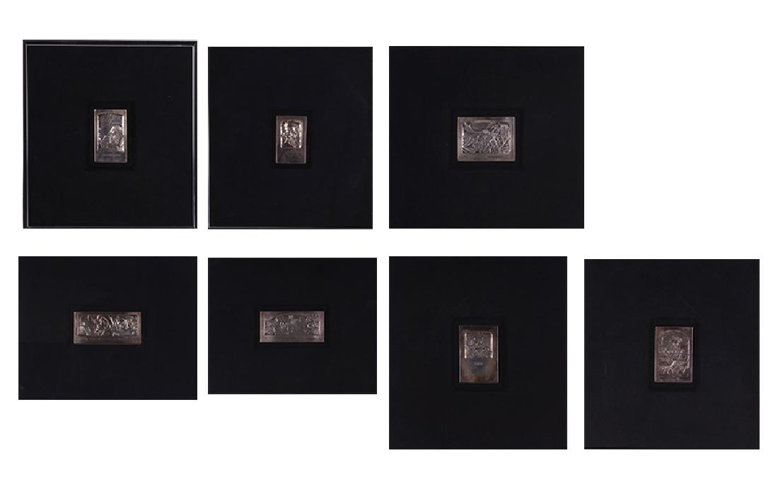 Boris Schatz (1866-1932) Russian (seven): Sterling silver plaques, all with Hebrew inscriptions, range in size from 2 x 4” to 2 ¾ x 1 ¾”, frames 9 ¼ x 11 ¼” to 10 x 9” with glass. Provenance: Michael Hittleman Gallery Los Angeles.