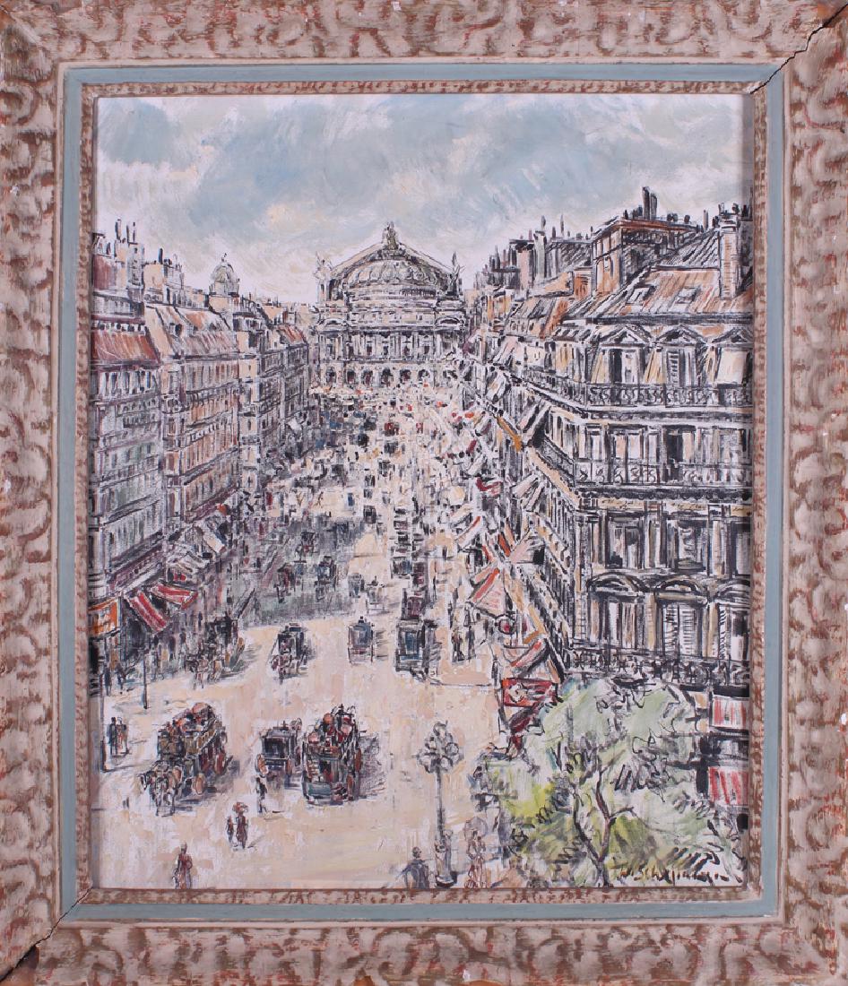 Wladimir Schepansky (1895-1985) Canadian: EUROPEAN STREET SCENE, oil painting on canvas, signed lower right, 28 x 23”, frame 34 ½ x 29 ½”. From the private collection of Academy Award winning producer Arnold Kopelson of Beverly Hills.