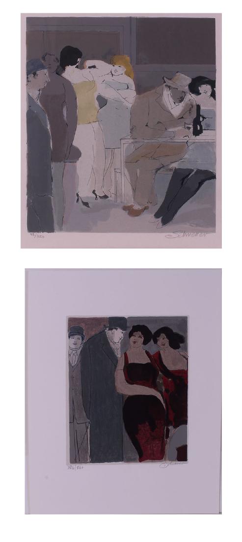 David Schneuer (1905-1988) Israeli (two): CHEZ SOLANGES; NIGHT, two color screenprints, each signed in pencil, numbered 113/250 & 286/300, image 12 ¼ x 10 ¾” & 11 x 9”, both with full margins, the first framed 22 ½ x 19”. Provenance: