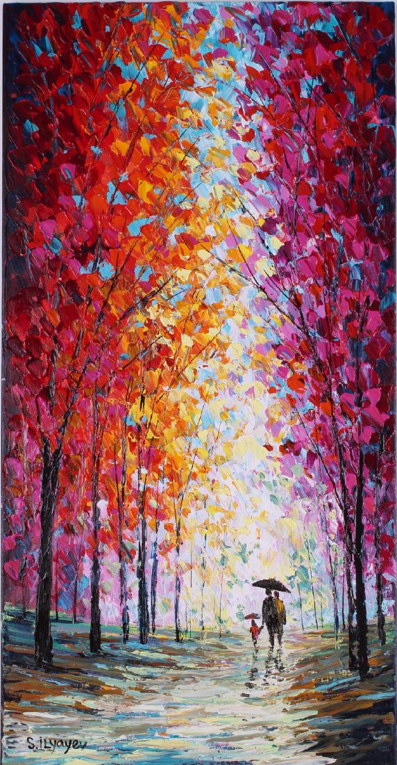 Iiyayev Slava (b. 1970) Israeli: FAMILY IN THE PARK, acrylic painting on canvas, signed lower left, 35 x 18”. Provenance: Michael Hittleman Gallery Los Angeles.