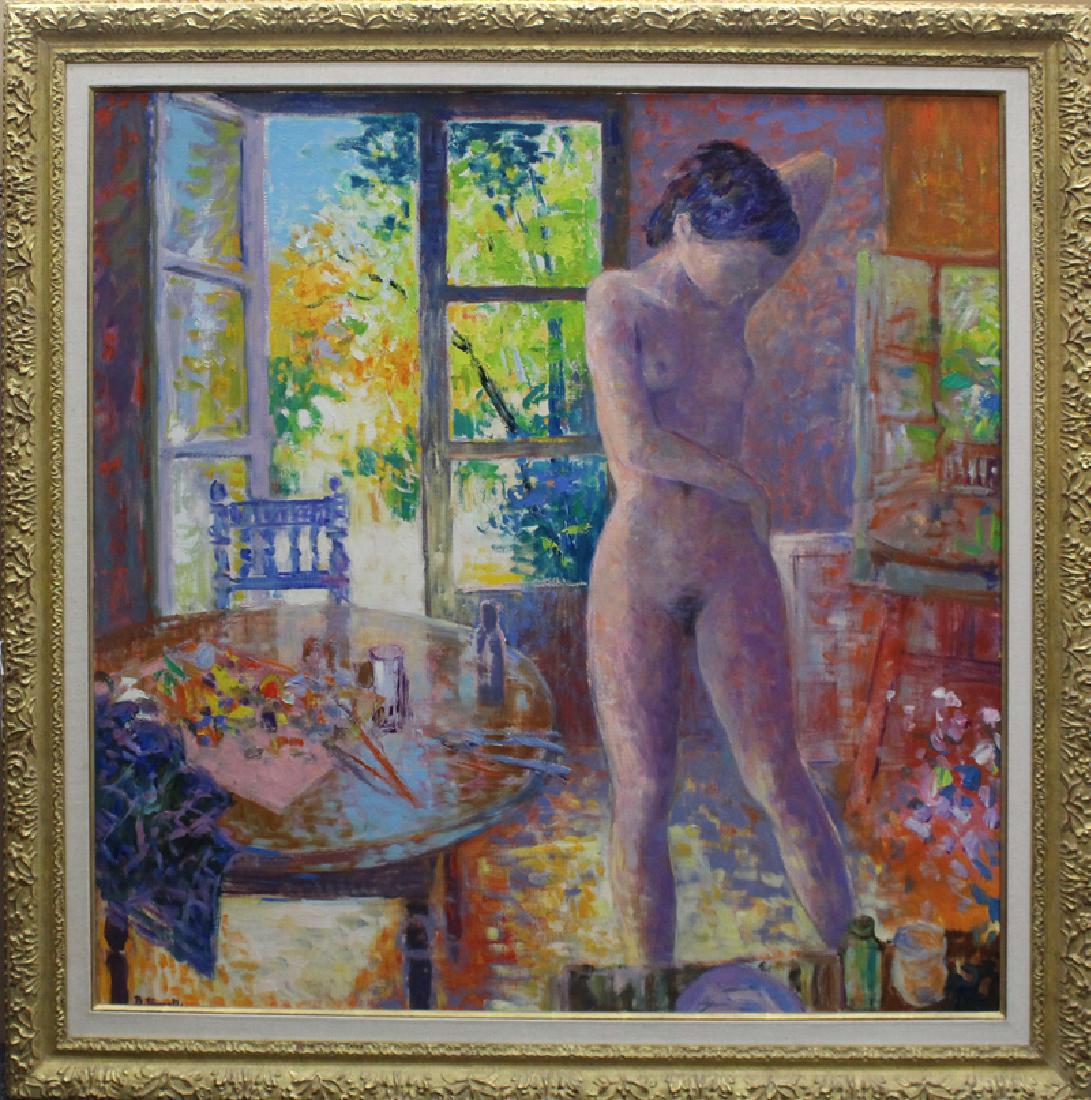 Bernard Taurelle (b. 1931) French: LE MODELE, 1976, oil painting on canvas, signed lower left, titled and dated on verso, 39 ½ x 39 ½”, frame 47 x 47”. From the private collection of Academy Award winning producer Arnold Kopelson