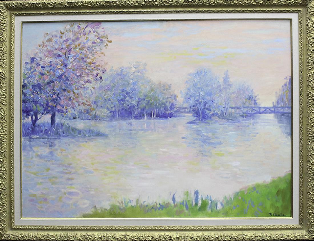 Bernard Taurelle (b. 1931) French: BORDS DE SEINE, 1976, oil painting on canvas, signed lower right, titled and dated on verso, 35 x 45 ¾”, frame 42 ½ x 53 ¼”. From the private collection of Academy Award winning producer Arnold