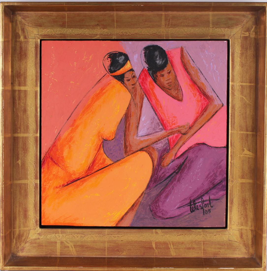 Contemporary Haitian Artist Cisco Telesfort (20th Cent): CARIBBEAN WOMEN, 2005, oil painting on panel, signed and dated lower right, 12 ½ x 12 ½Â”, nice frame 17 ½ x 17 ½Â”.