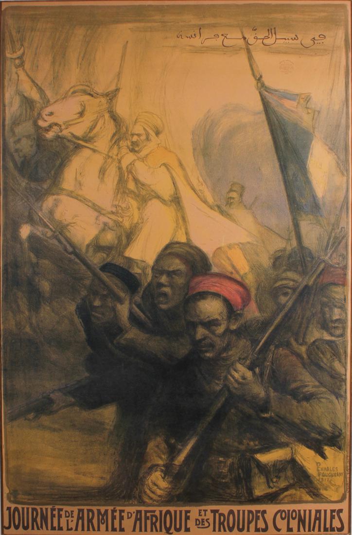 Charles Fouqueray (1869-1956) French: JOURNEE DE L’ ARMEE D’ AFRIQUE ET DES TROUPES COLONIALES, 1917, color lithograph poster with touches of gum Arabic or watercolor, signature and date on the stone lower right, sight 46 ¼ x 30 ½��
