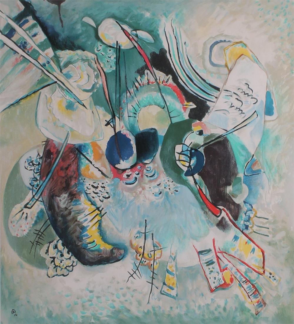 after Wassily Kandinsky (1866-1944) Russian: UNTITLED, color lithograph, with Artist’s Rights Society blind stamp lower left and another blind stamp lower right, numbered 40/399, image 22 x 20”, full margins, frame 34 x 32 ½” with glass.