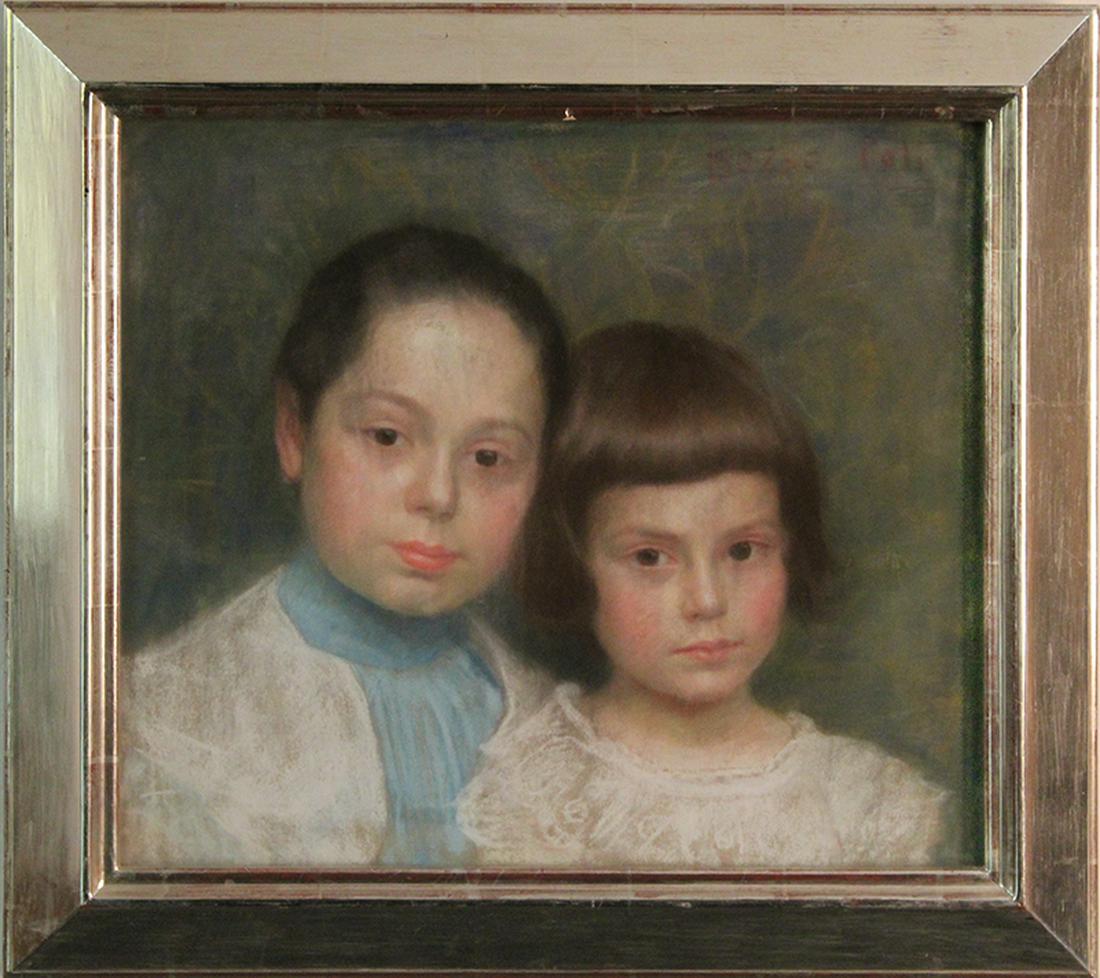 Bozse Poli (early to mid-20th Century) European: TWO YOUNG GIRLS, color pastel on canvas, signed upper right, 16 ½ x 18 ½”, frame 21 x 23 x 2 ½” with glass.