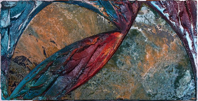 Laddie John Dill (b. 1943) California: RED & GREEN, 2002, color pigment, cement and glass on wood, signed and dated on verso, 12 x 24 x 1 ½”
