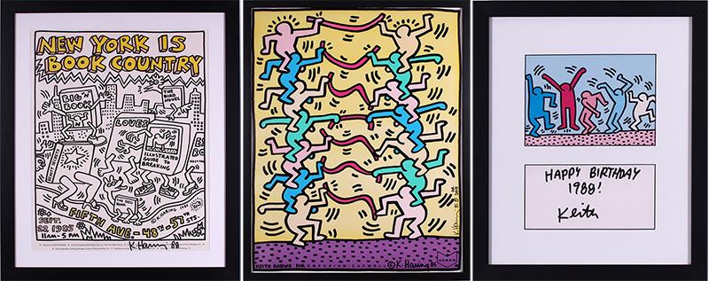 Keith Haring (1958-1990) New York (three): NEW YORK IS BOOK COUNTRY 1985, color poster, signed and dated 1988 in marker, sight 25 x 19 ½” frame 32 x 26 ¼” with glass; EMPORIUM CAPWELL, 1985, color poster, signed and d