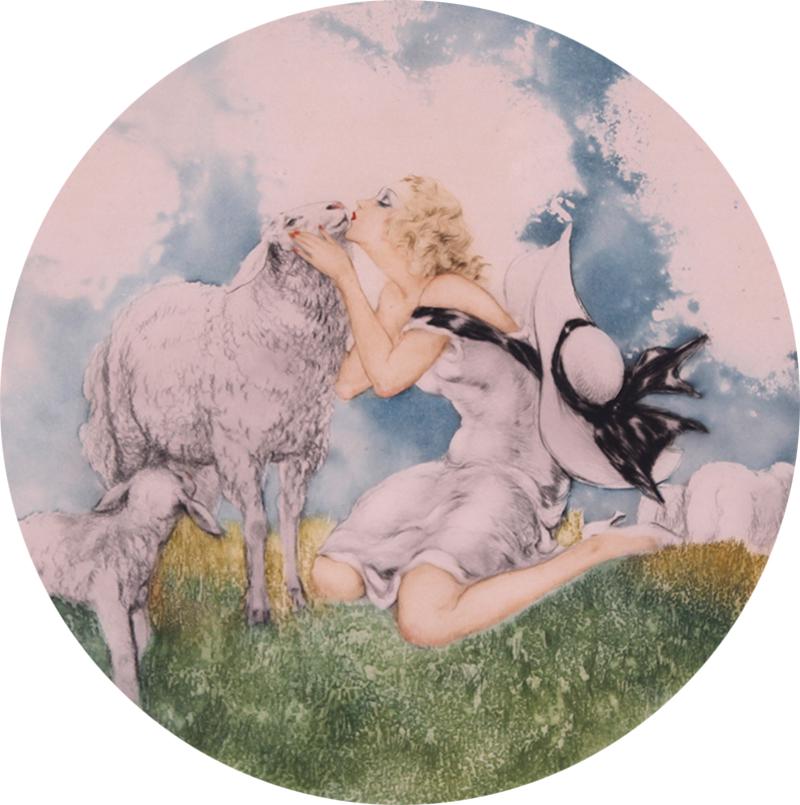 Louis Icart (1888-1950) French: FAVORITE (H.451), 1936, color etching, signed in pencil, with artist’s windmill blind stamp lower left, copyright upper right, image diameter 14 ¾”, full margins, frame 21 ½ x 21 ½” with glas