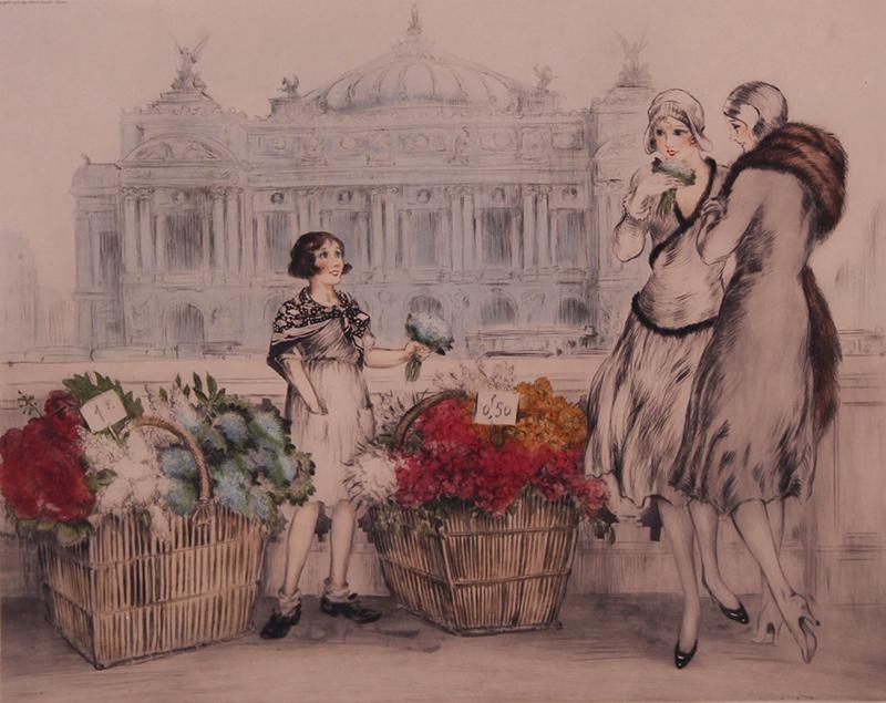 Louis Icart (1888-1950) French: PARIS FLOWERS (H.400), 1930, color etching, signed in pencil, copyright upper left, image 15 ¼ x 19”, sheet 22 ¼ x 31 ¼” (folded to 26 ¾), frame 27 x 31”.