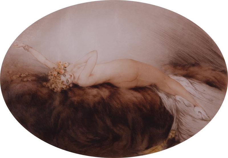 Louis Icart (1888-1950) French: VENUS (H.355), 1928, color etching on vellum, signed in pencil, oval image 13 ¼ x 18 ¾”, sheet unevenly trimmed to 21 x 28 ½”, frame 25 ½ x 32 ½”.