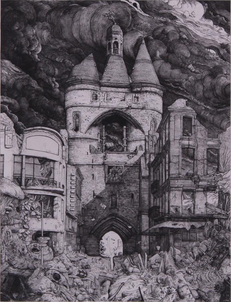 Philippe Mohlitz (b. 1941) French: PASSAGE BORDELAIS, 1983, etching, signed and titled and numbered 34/100 in pencil, image 12 ¼ x 9 ¼”, full margins, frame 21 x 18” with glass.