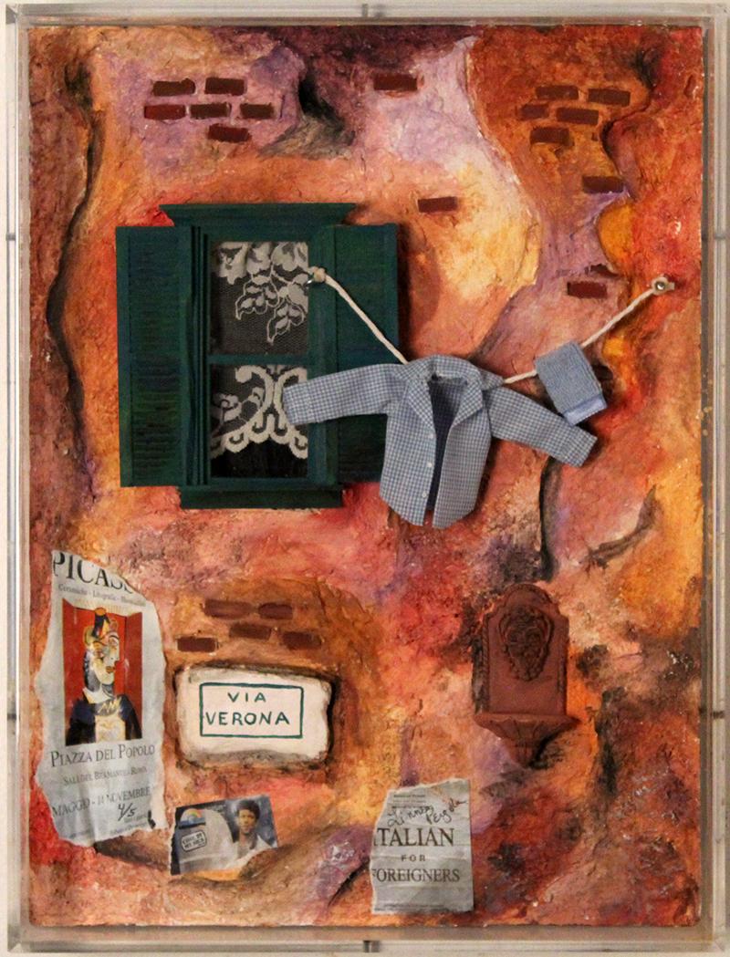 Linnea Pergola (b. 1953) American: VIA VERONA, three-dimensional plaster and wood mixed media multiple, signed and numbered 4/5 in ink, 16 ½ x 12 ½ x 3 ¼” with Plexiglas box frame.