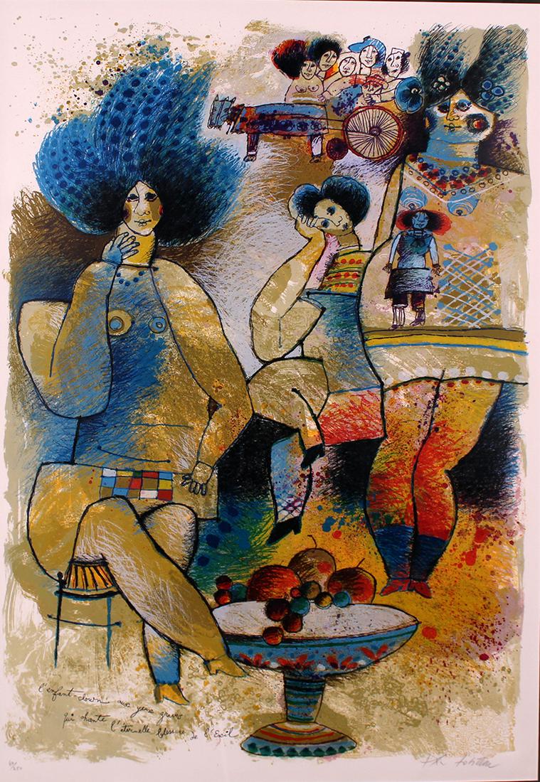 Theo Tobiasse (1927-2012) French/ Israeli: LES INFANT CLOWN from Femme Series, color lithograph with intaglio, signed in pencil, numbered 47/250, sight 42 x 28 ¼”, frame 50 ½ x 37”.